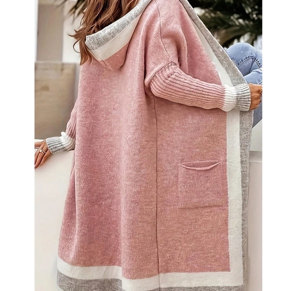 Cozy Color block Pockets Open Front Long Cardigan - Picture 2 of 4